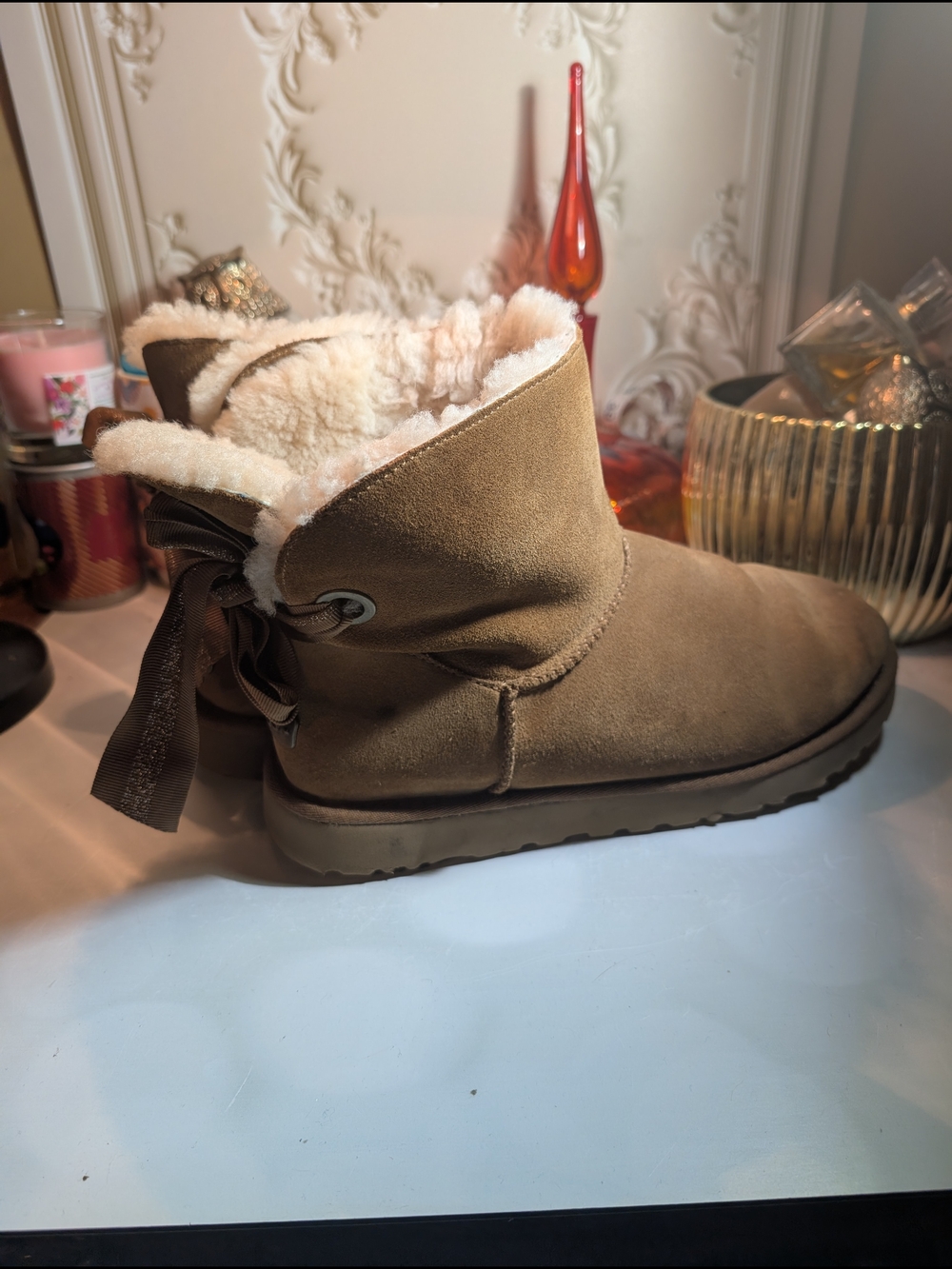 UGG Chestnut Suede Shearling Bow Ankle Boot